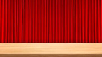 A simple wooden table with red curtains as a background. photo