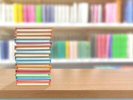 Stack of books on a table in a library. Stack of colorful books on a wooden table. photo