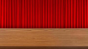 A simple and beautiful wooden table with a red curtain as a background. photo