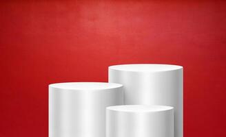 White shelves in a studio room for displaying products, red background. photo