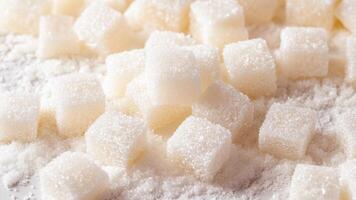 Close Up Shot of a Pile of White Sugar Cubes and Granulated Sugar photo