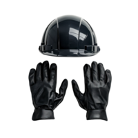 Black hard hat and protective gloves isolated on transparent background png