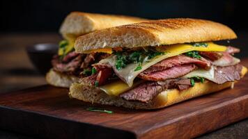 a Mouthwatering Beef Sandwich With Cheese on a Wooden Board, Close Up Shot photo