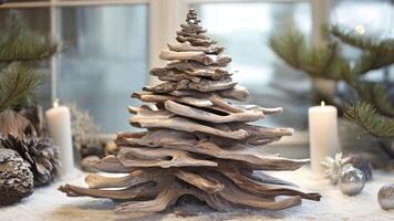 Driftwood Christmas Tree Decor, With Pine Cones, Ornaments and Candles photo