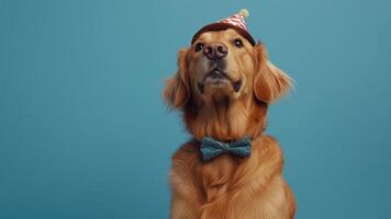 Golden Retriever With Party Hat and Bow Tie on Blue Backdrop, Looking Upwards photo