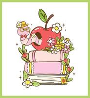 Cute Bookish Spring Animal Reading, Nerd Worm in Apple on stack book Cartoon Doodle Illustration with Happy Smile vector