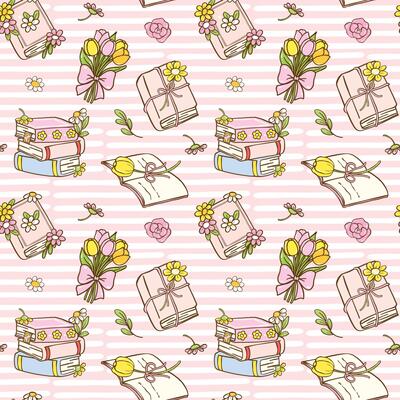 Cute Bookish Spring Books Seamless Pattern Pastel Reading Wallpaper Cartoon Doodle Illustration