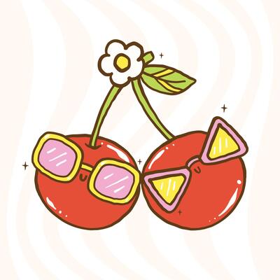 Cute Retro Summer Cherries wear sunglasses Groovy Summer Cartoon Hand Drawn