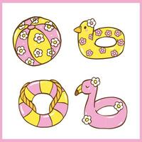 Cute Groovy Summer Float Set Bright Pastel Summer Things, flamingo float, duck float, beach ball, lifebuoy cartoon hand drawn set vector
