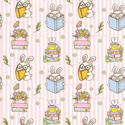 Cute Bookish Spring Bunny Reading Books Seamless Pattern Pastel Reading Wallpaper Cartoon Doodle Illustration