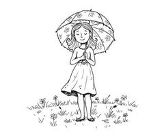 An illustrated scene of a woman with a serene facial expression, lounging in a field while clutching an umbrella. vector