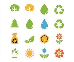 Icons representing ecology, with a focus on nature, environmental issues, and recycling, all in a flat design. vector