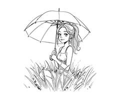 A fun sketch of a woman enjoying a tranquil moment in a field, her relaxed expression highlighted as she holds an umbrella. vector