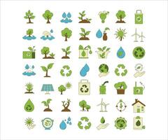 A flat icon collection representing ecology, including elements of nature, the environment, and recycling. vector