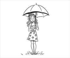 A whimsical sketch featuring a woman in a field, looking relaxed and content as she holds an umbrella above her. vector