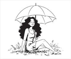 A cartoon drawing of a woman relaxing in a field, enjoying the moment while holding an umbrella and showing a peaceful expression. vector
