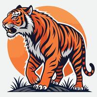 A tiger standing on a rock with grass in the background vector