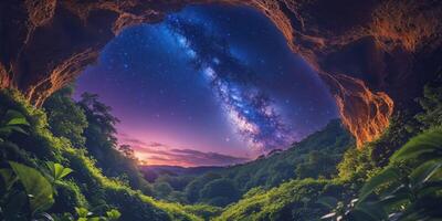 The milky way in a cave with green trees and a starry sky photo
