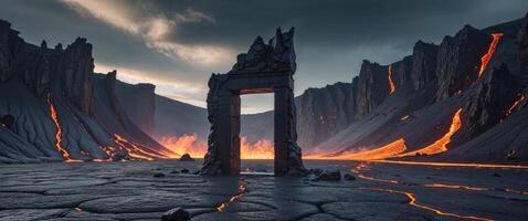 An Ancient Lava Portal in a Dramatic Volcanic Landscape with Jagged Rocks and Fiery Rivers photo