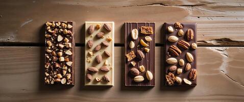 Decadent chocolate bars topped with nuts and crispy toppings on a rustic background. photo