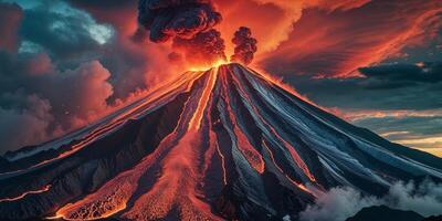 Erupting Volcano at Sunset with Lava Flowing and Dramatic Sky in Background. photo