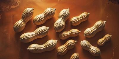 Several peanuts are placed on a matching orange background. photo