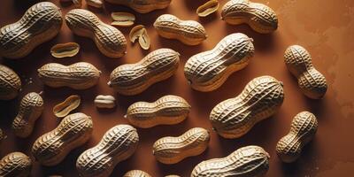 Several peanuts are placed on a matching orange background photo