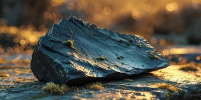Dark slate rock with rough texture placed on stone surface in natural outdoor setting photo