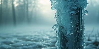 A frosty metal pole covered with ice in foggy weather photo