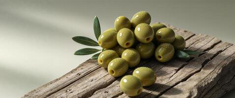 Fresh Green Olives with Natural Light on Rustic Wooden Surface photo