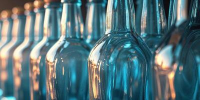 Close up of Rows of Blue Glass Bottles with Subtle Lighting photo