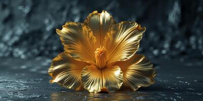 Golden flower displayed prominently on a dark textured surface. photo