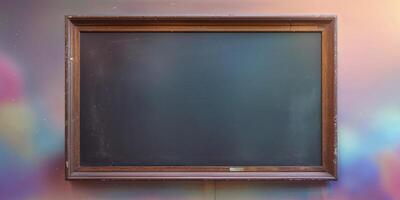 A blackboard is on a wall with a colorful background photo