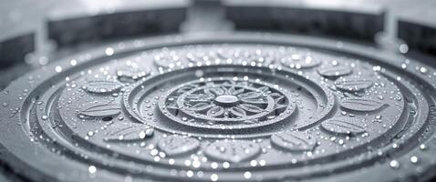 A circular design with water droplets on it photo