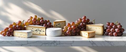 Assorted Cheese And Grapes Display On Marble Surface. photo
