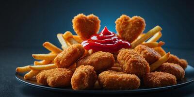 Appetizing Composition of Heart Shaped Nuggets Crispy Fries Chicken Bites and Ketchup on a Black Plate Dark Background photo