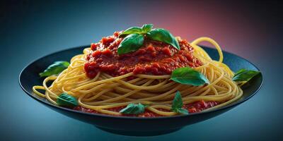 Delicious spaghetti with fresh basil and tomato sauce on dark background photo