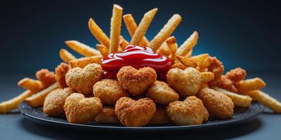 Appetizing Composition of Heart Shaped Nuggets Crispy Fries Chicken Bites and Ketchup on a Black Plate Dark Background. photo