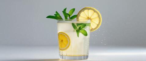 A glass of chilled ginger ale with a refreshing splash of lemon and fresh mint creating a visually appealing and flavorful beverage photo