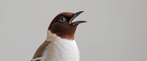 A bird with a brown head and a white neck is looking up. photo