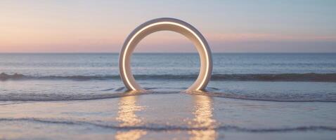 Illuminated Ring Shaped Structure Emerges Over Ocean Waters At Dusk. photo