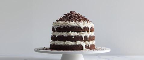 Decadent Chocolate Layer Cake with Cream and Shaved Chocolate Topping. photo
