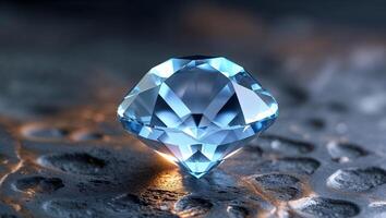 Captivating close up of a faceted light blue gemstone on textured dark surface showcasing its brilliance and clarity with a shallow depth of field photo