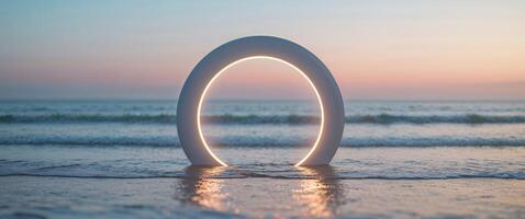 Illuminated Ring Shaped Structure Emerges Over Ocean Waters At Dusk photo