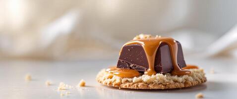 Delicious chocolate candy with caramel drizzle on biscuit base for dessert presentation. photo