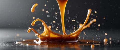 Close up shot of caramel liquid pouring and splashing with a dark blurred background creating a crown photo