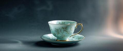 A cup and saucer with gold trim on a dark background photo
