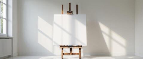 An easel with a blank canvas in front of a window photo