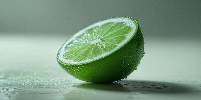Fresh green lime wedge resting on a flat white surface ideal for culinary presentation or decoration photo