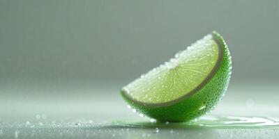 Fresh green lime wedge resting on a flat white surface ideal for culinary presentation or decoration. photo